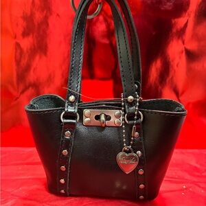 Patricia Nash Black Leather Mini Keychain Bag with Heart Charm